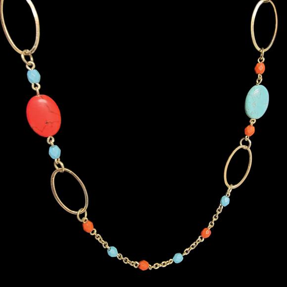 Faux Turquoise Coral Station Necklace 38"‎ Gold-tone Beaded Boho Retro Jewelry - Picture 3 of 4